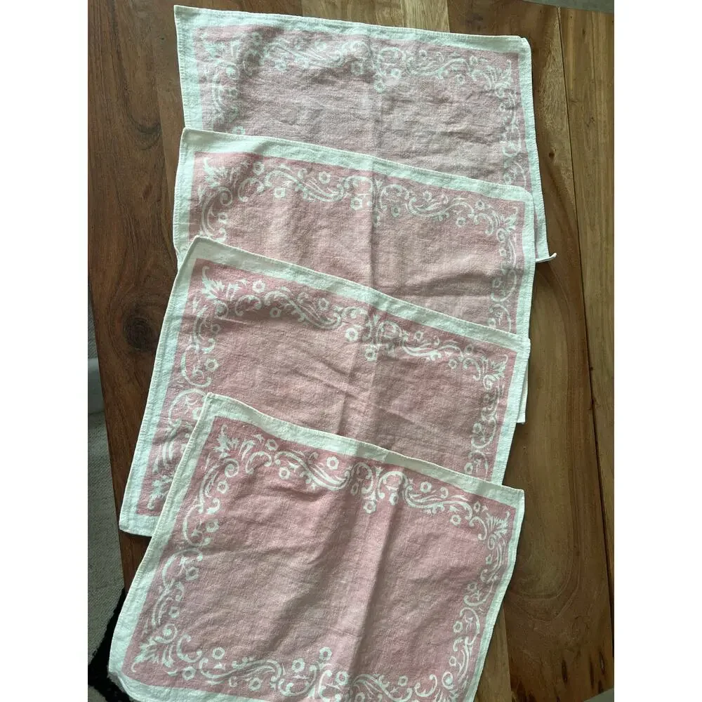 European Linen Italian vintage linen napkins pink damask design set of 4